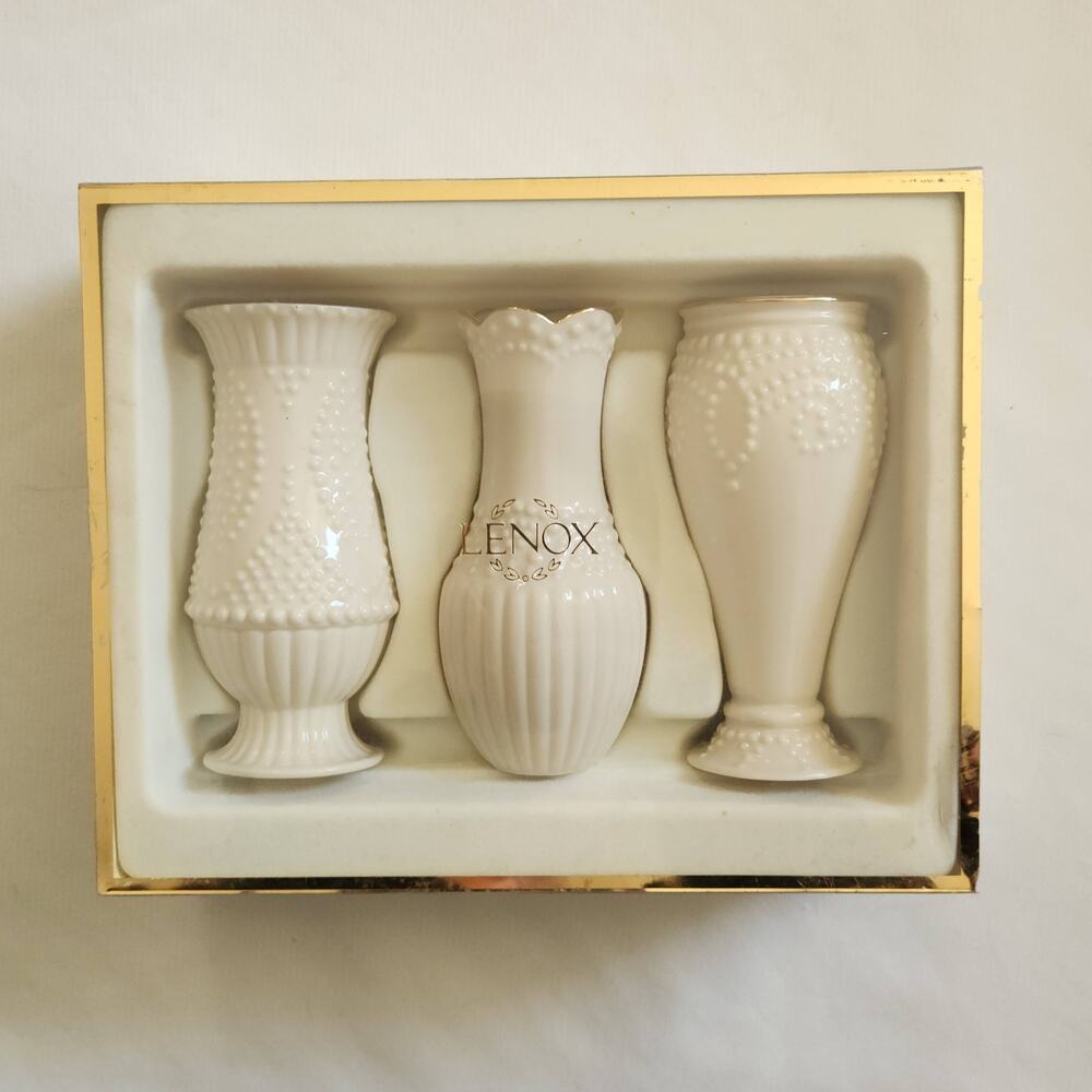 Classic Lenox Set of 3 Beaded Vases In Box 5" Cream Gold